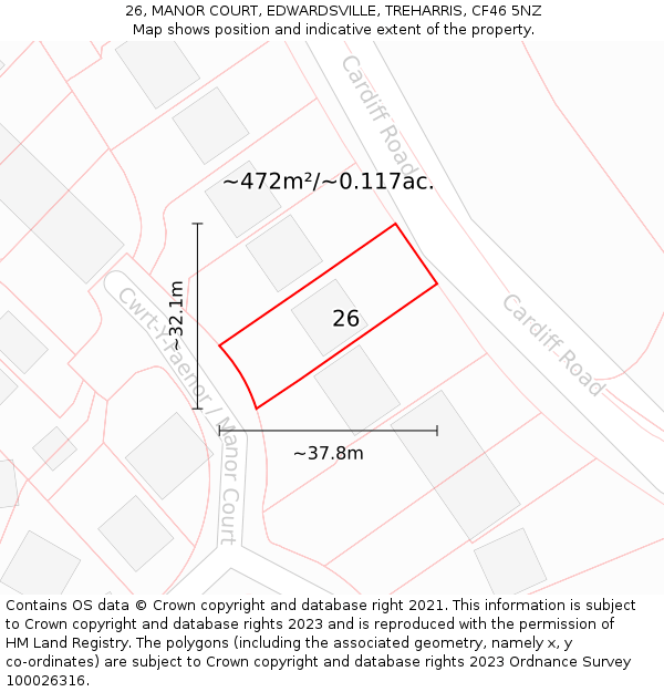 26, MANOR COURT, EDWARDSVILLE, TREHARRIS, CF46 5NZ: Plot and title map
