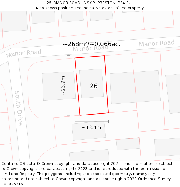 26, MANOR ROAD, INSKIP, PRESTON, PR4 0UL: Plot and title map