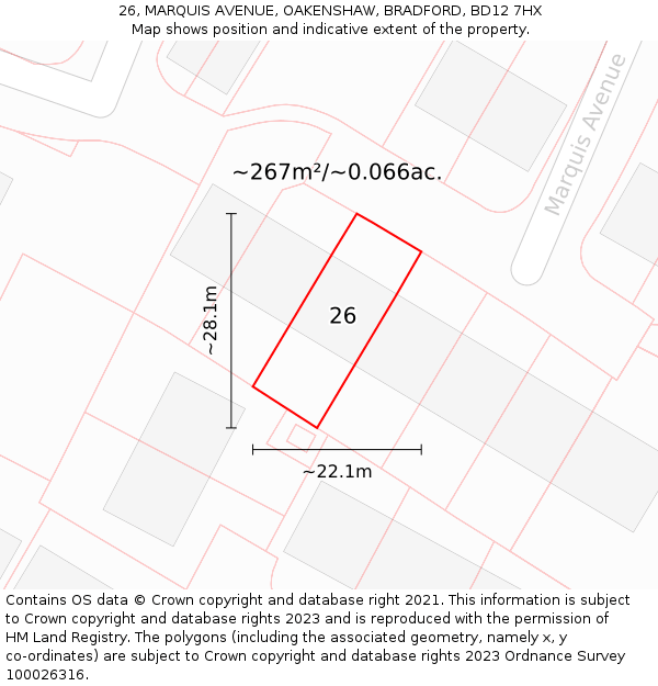 26, MARQUIS AVENUE, OAKENSHAW, BRADFORD, BD12 7HX: Plot and title map