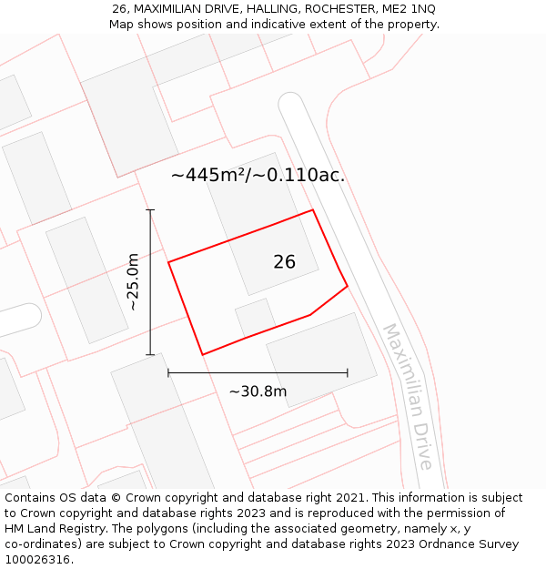 26, MAXIMILIAN DRIVE, HALLING, ROCHESTER, ME2 1NQ: Plot and title map