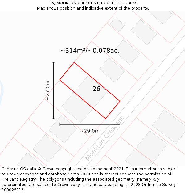 26, MONKTON CRESCENT, POOLE, BH12 4BX: Plot and title map