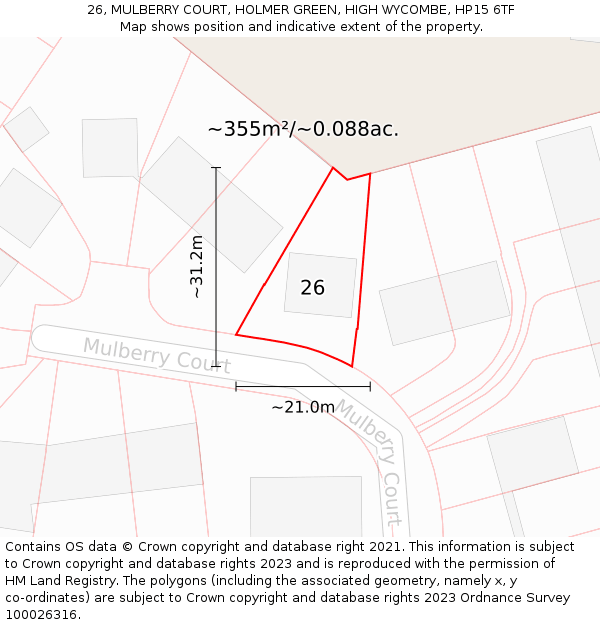 26, MULBERRY COURT, HOLMER GREEN, HIGH WYCOMBE, HP15 6TF: Plot and title map