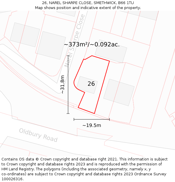 26, NAREL SHARPE CLOSE, SMETHWICK, B66 1TU: Plot and title map