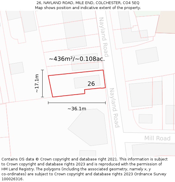 26, NAYLAND ROAD, MILE END, COLCHESTER, CO4 5EQ: Plot and title map