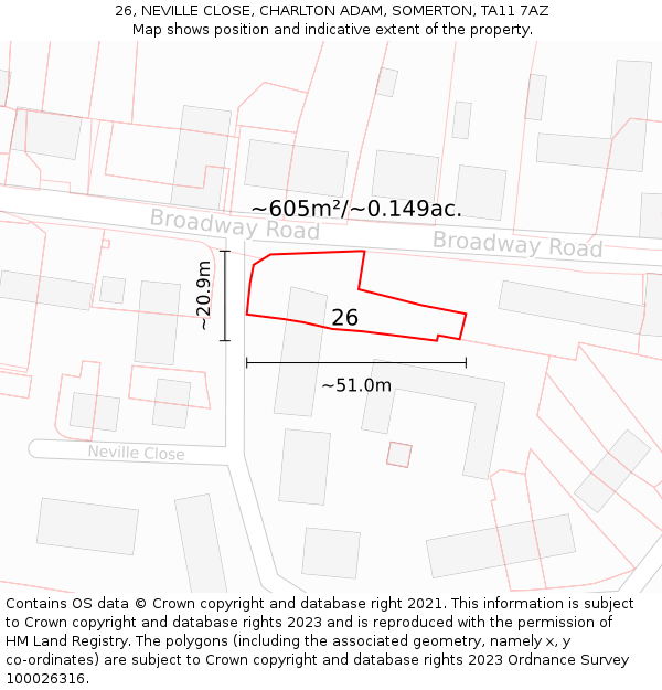 26, NEVILLE CLOSE, CHARLTON ADAM, SOMERTON, TA11 7AZ: Plot and title map