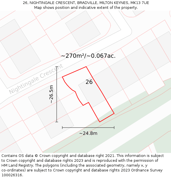 26, NIGHTINGALE CRESCENT, BRADVILLE, MILTON KEYNES, MK13 7UE: Plot and title map