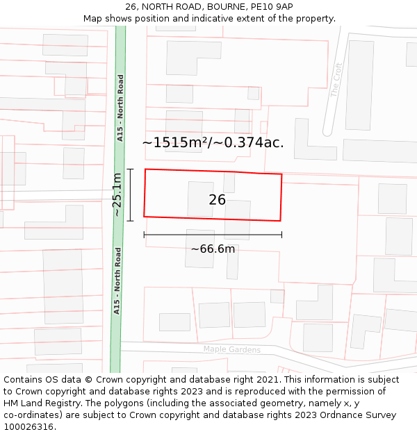 26, NORTH ROAD, BOURNE, PE10 9AP: Plot and title map