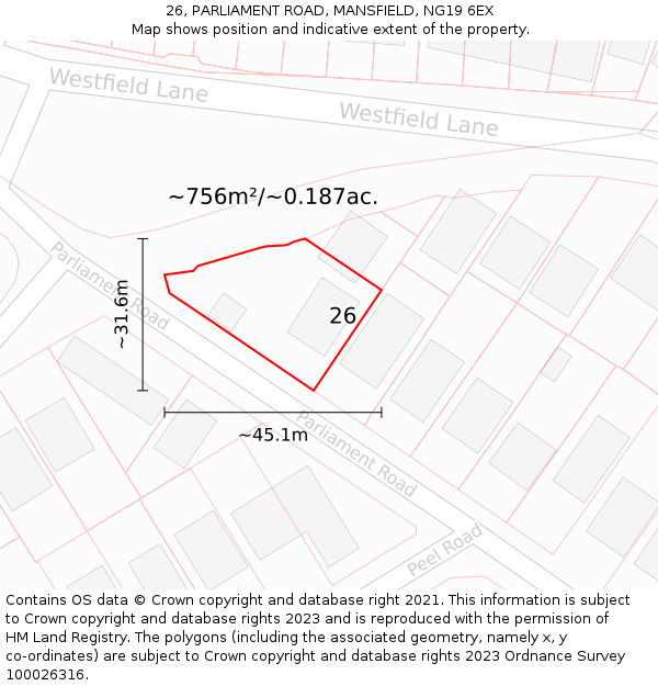 26, PARLIAMENT ROAD, MANSFIELD, NG19 6EX: Plot and title map