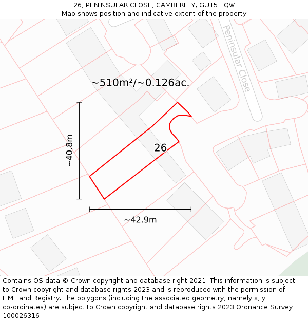 26, PENINSULAR CLOSE, CAMBERLEY, GU15 1QW: Plot and title map