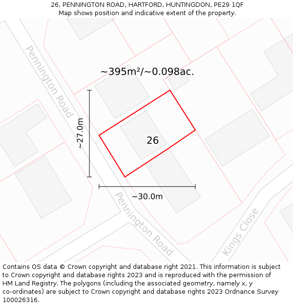 26, PENNINGTON ROAD, HARTFORD, HUNTINGDON, PE29 1QF: Plot and title map