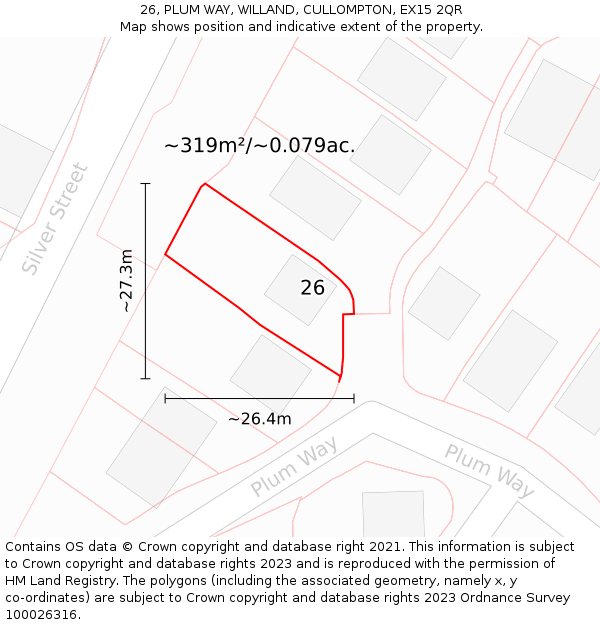 26, PLUM WAY, WILLAND, CULLOMPTON, EX15 2QR: Plot and title map