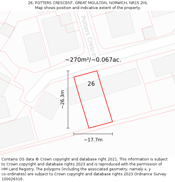 26, POTTERS CRESCENT, GREAT MOULTON, NORWICH, NR15 2HL: Plot and title map