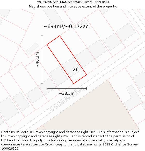 26, RADINDEN MANOR ROAD, HOVE, BN3 6NH: Plot and title map