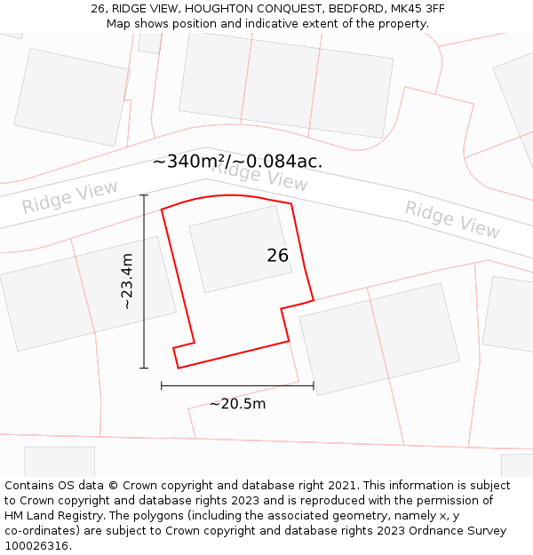 26, RIDGE VIEW, HOUGHTON CONQUEST, BEDFORD, MK45 3FF: Plot and title map