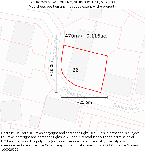 26, ROOKS VIEW, BOBBING, SITTINGBOURNE, ME9 8GB: Plot and title map