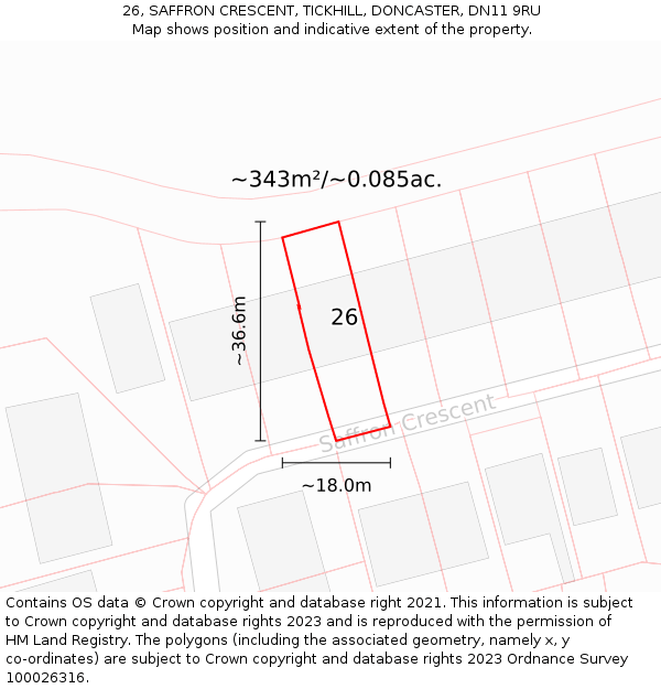 26, SAFFRON CRESCENT, TICKHILL, DONCASTER, DN11 9RU: Plot and title map