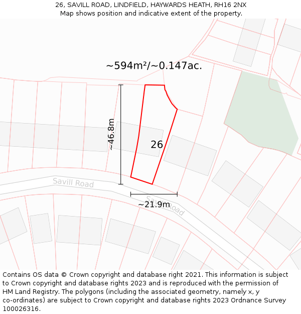 26, SAVILL ROAD, LINDFIELD, HAYWARDS HEATH, RH16 2NX: Plot and title map