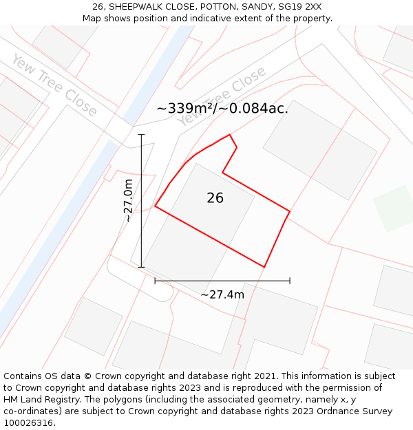 26, SHEEPWALK CLOSE, POTTON, SANDY, SG19 2XX: Plot and title map