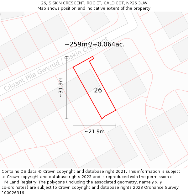 26, SISKIN CRESCENT, ROGIET, CALDICOT, NP26 3UW: Plot and title map