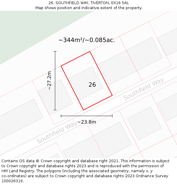 26, SOUTHFIELD WAY, TIVERTON, EX16 5AL: Plot and title map