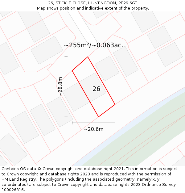 26, STICKLE CLOSE, HUNTINGDON, PE29 6GT: Plot and title map