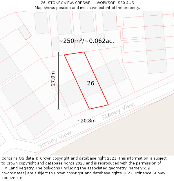 26, STONEY VIEW, CRESWELL, WORKSOP, S80 4US: Plot and title map