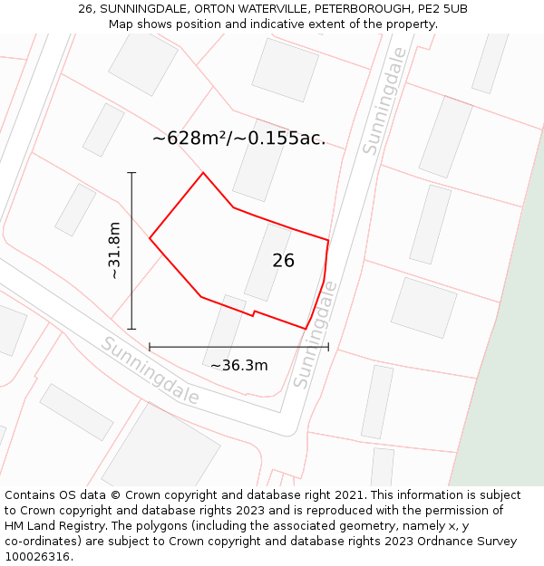 26, SUNNINGDALE, ORTON WATERVILLE, PETERBOROUGH, PE2 5UB: Plot and title map