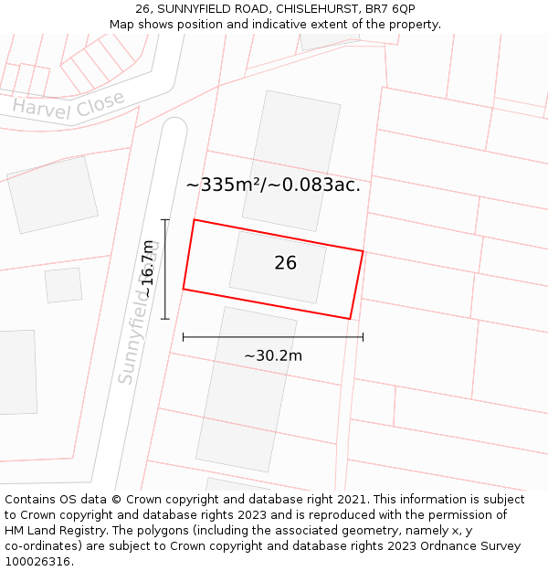 26, SUNNYFIELD ROAD, CHISLEHURST, BR7 6QP: Plot and title map