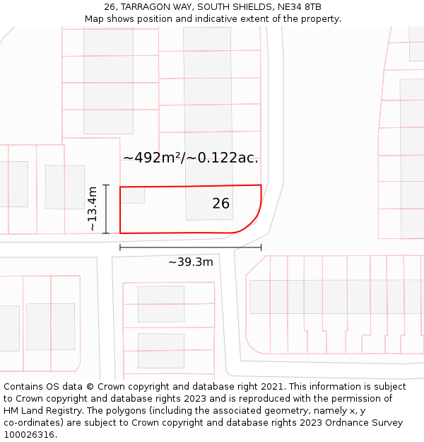 26, TARRAGON WAY, SOUTH SHIELDS, NE34 8TB: Plot and title map