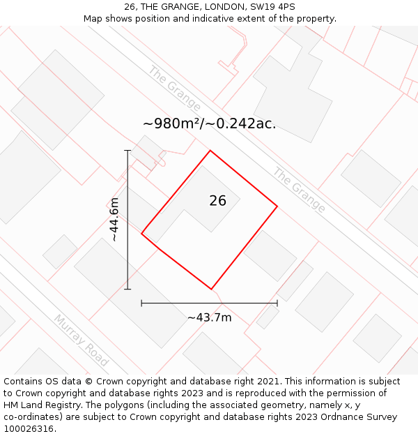 26, THE GRANGE, LONDON, SW19 4PS: Plot and title map