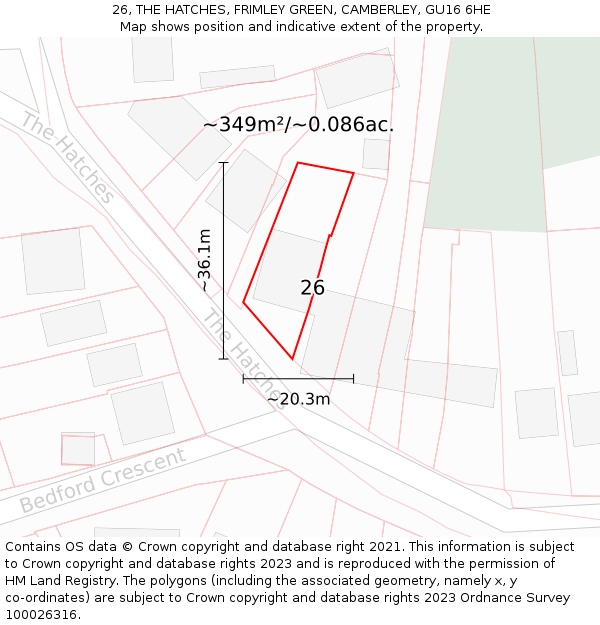 26, THE HATCHES, FRIMLEY GREEN, CAMBERLEY, GU16 6HE: Plot and title map