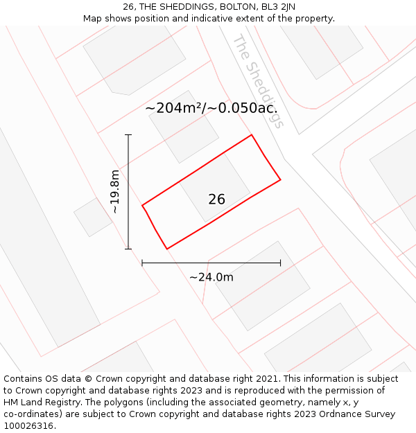 26, THE SHEDDINGS, BOLTON, BL3 2JN: Plot and title map