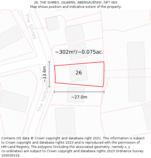 26, THE SHIRES, GILWERN, ABERGAVENNY, NP7 0EX: Plot and title map