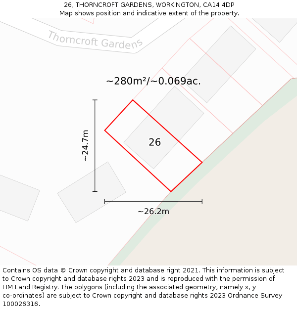 26, THORNCROFT GARDENS, WORKINGTON, CA14 4DP: Plot and title map