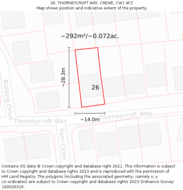 26, THORNEYCROFT WAY, CREWE, CW1 4FZ: Plot and title map