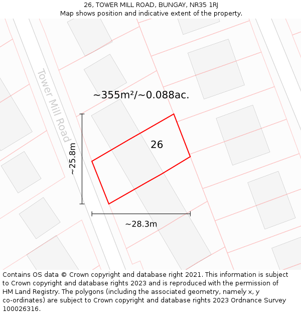 26, TOWER MILL ROAD, BUNGAY, NR35 1RJ: Plot and title map