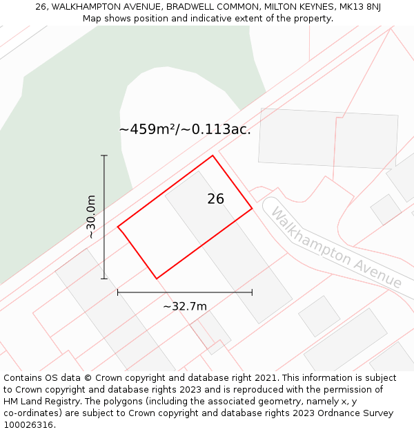 26, WALKHAMPTON AVENUE, BRADWELL COMMON, MILTON KEYNES, MK13 8NJ: Plot and title map