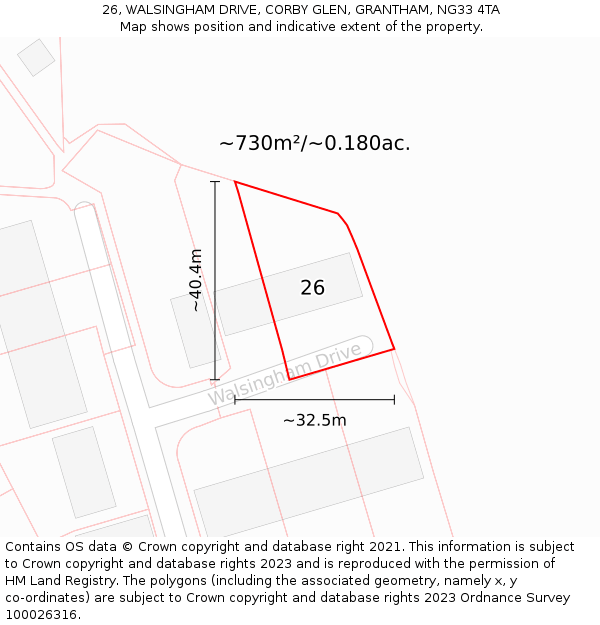 26, WALSINGHAM DRIVE, CORBY GLEN, GRANTHAM, NG33 4TA: Plot and title map