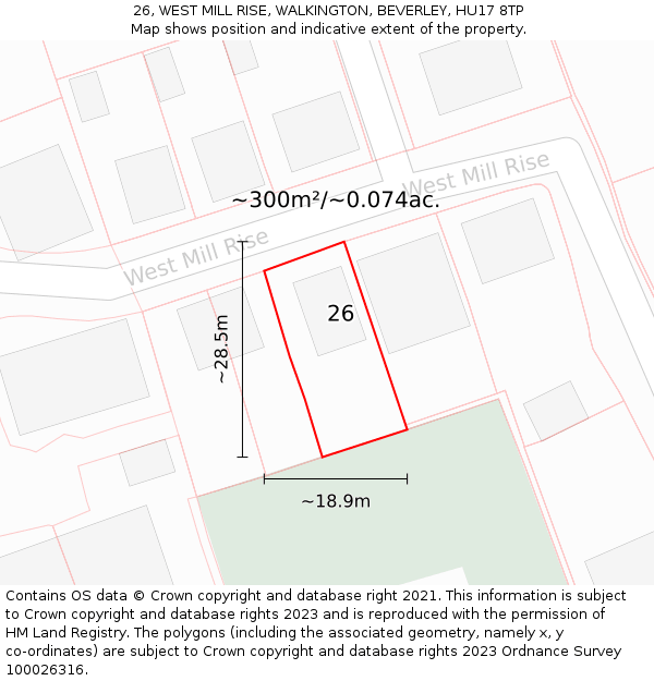 26, WEST MILL RISE, WALKINGTON, BEVERLEY, HU17 8TP: Plot and title map
