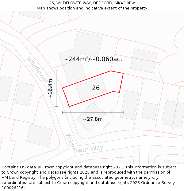 26, WILDFLOWER WAY, BEDFORD, MK42 0RW: Plot and title map