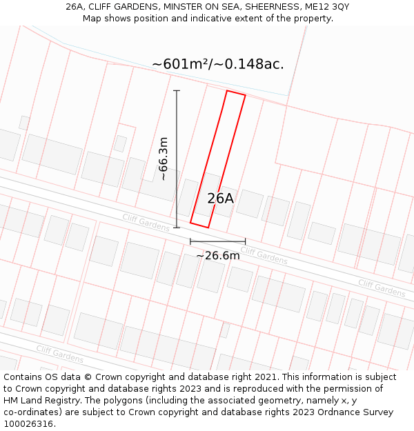 26A, CLIFF GARDENS, MINSTER ON SEA, SHEERNESS, ME12 3QY: Plot and title map