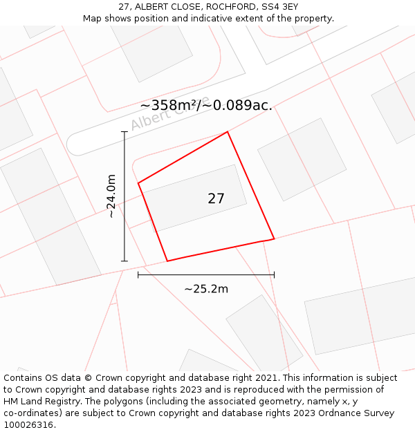 27, ALBERT CLOSE, ROCHFORD, SS4 3EY: Plot and title map