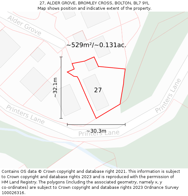 27, ALDER GROVE, BROMLEY CROSS, BOLTON, BL7 9YL: Plot and title map