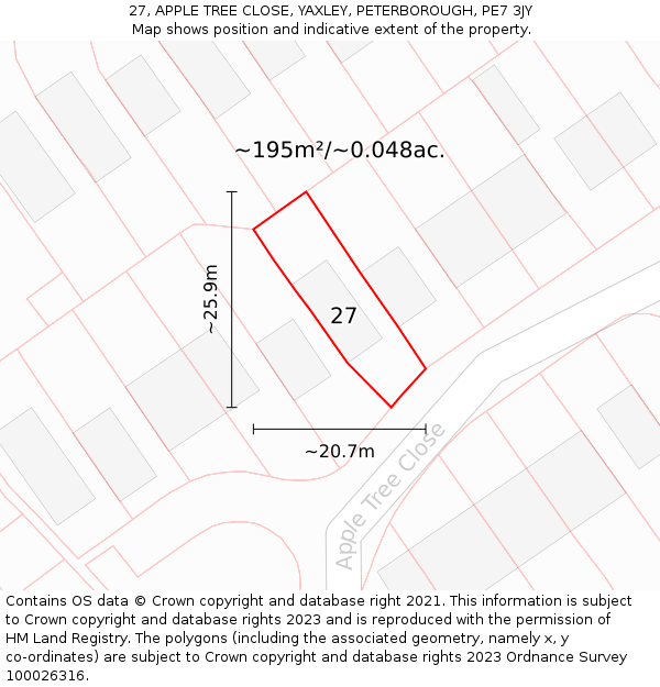 27, APPLE TREE CLOSE, YAXLEY, PETERBOROUGH, PE7 3JY: Plot and title map