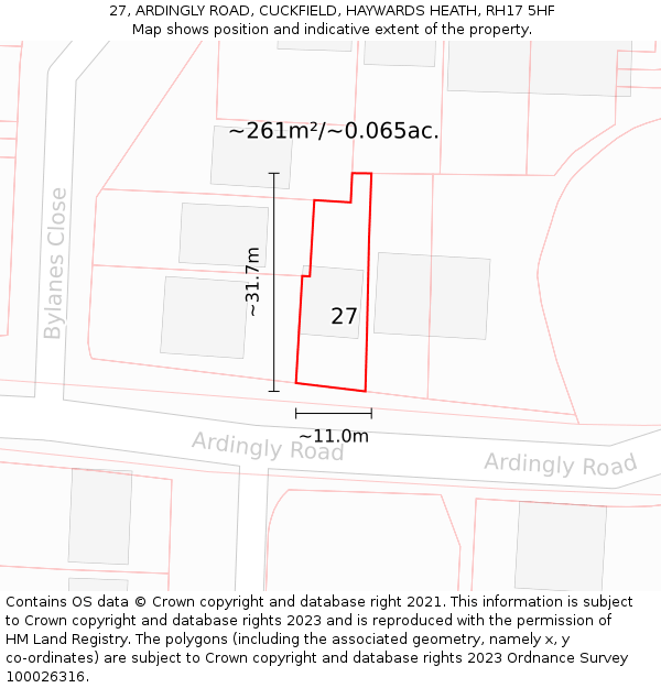 27, ARDINGLY ROAD, CUCKFIELD, HAYWARDS HEATH, RH17 5HF: Plot and title map