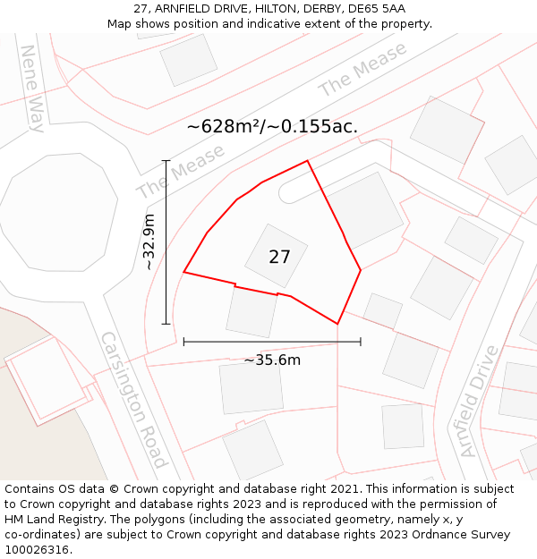 27, ARNFIELD DRIVE, HILTON, DERBY, DE65 5AA: Plot and title map