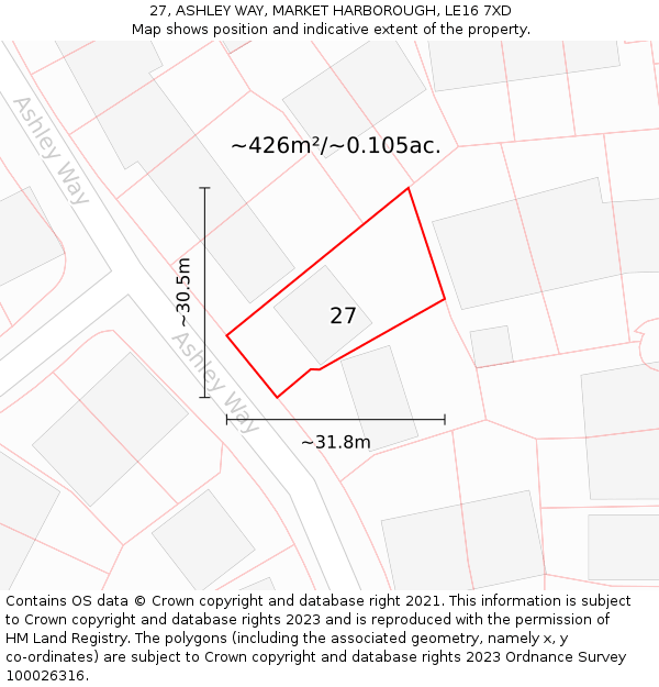 27, ASHLEY WAY, MARKET HARBOROUGH, LE16 7XD: Plot and title map