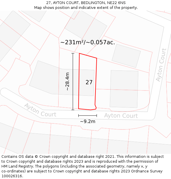 27, AYTON COURT, BEDLINGTON, NE22 6NS: Plot and title map