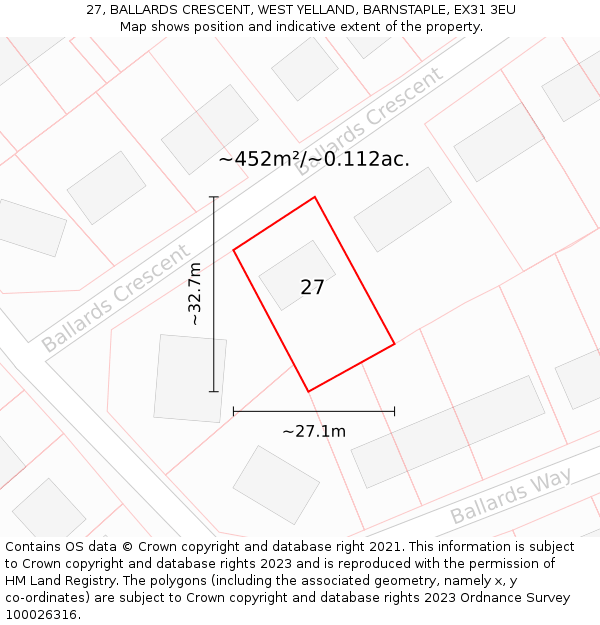 27, BALLARDS CRESCENT, WEST YELLAND, BARNSTAPLE, EX31 3EU: Plot and title map