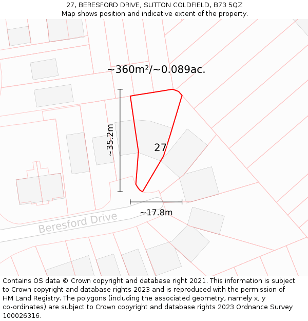 27, BERESFORD DRIVE, SUTTON COLDFIELD, B73 5QZ: Plot and title map